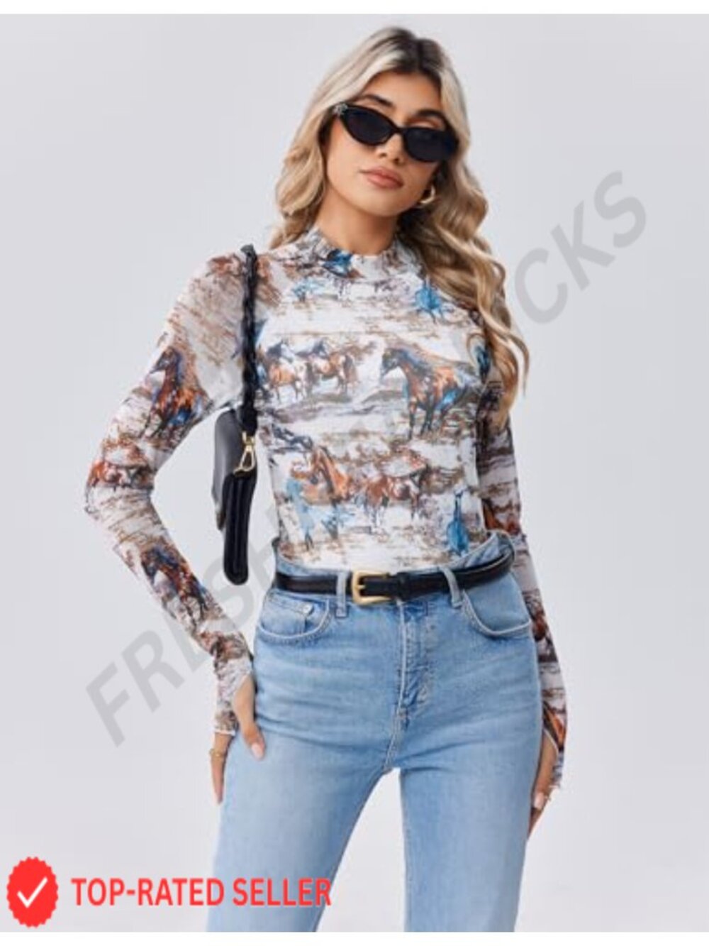 Women's Long Sleeve Floral Mesh Sheer Top Mock Neck Double Lined Fitted Blouse - Picture 2 of 6